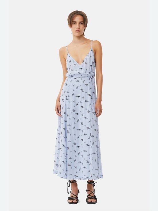 Ganni Dresses & Skirts - NEW Ganni Light Blue Floral Wrap Spaghetti Strap Midi Dress
